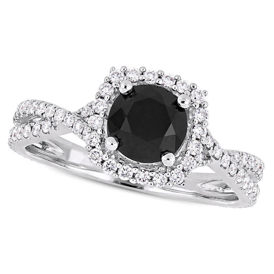 1.5 CT. T.W. Enhanced Black and White Natural Diamond Cushion Frame Twist Engagement Ring in Solid 14K White Gold
