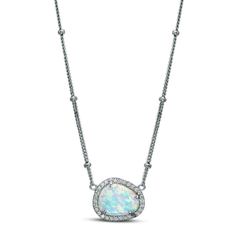 Pear-Shaped Lab-Created Opal and White Sapphire Frame Necklace in Sterling Silver - 16"