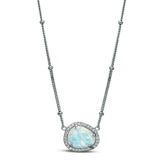 Pear-Shaped Lab-Created Opal and White Sapphire Frame Necklace in Sterling Silver - 16"