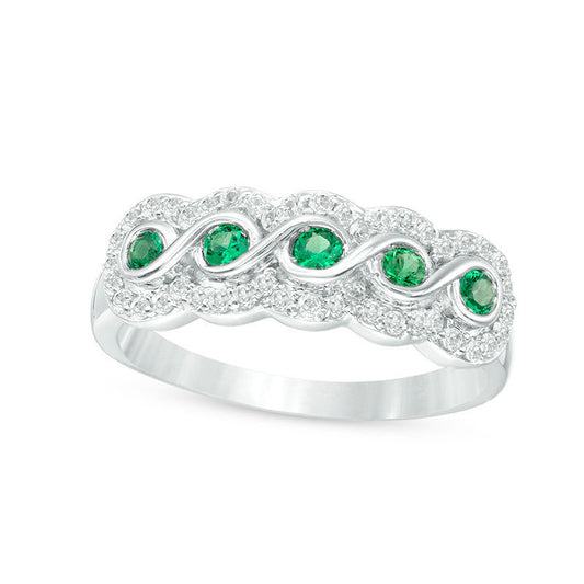 Lab-Created Emerald and White Sapphire Frame Five Stone Ring in Sterling Silver