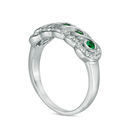 Lab-Created Emerald and White Sapphire Frame Five Stone Ring in Sterling Silver