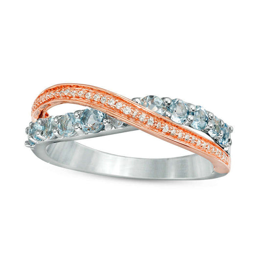 Aquamarine and 0.07 CT. T.W. Natural Diamond Crossover Ring in Sterling Silver and Solid 10K Rose Gold