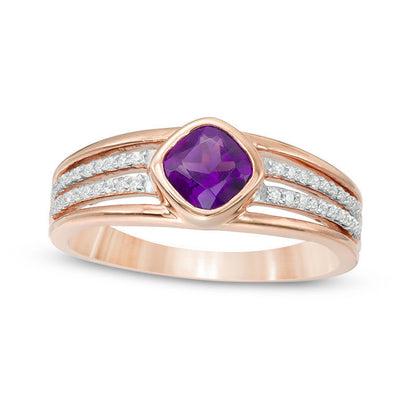 5.0mm Cushion-Cut Amethyst and 0.13 CT. T.W. Natural Diamond Multi-Row Split Shank Ring in Solid 10K Rose Gold