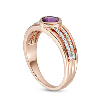 5.0mm Cushion-Cut Amethyst and 0.13 CT. T.W. Natural Diamond Multi-Row Split Shank Ring in Solid 10K Rose Gold