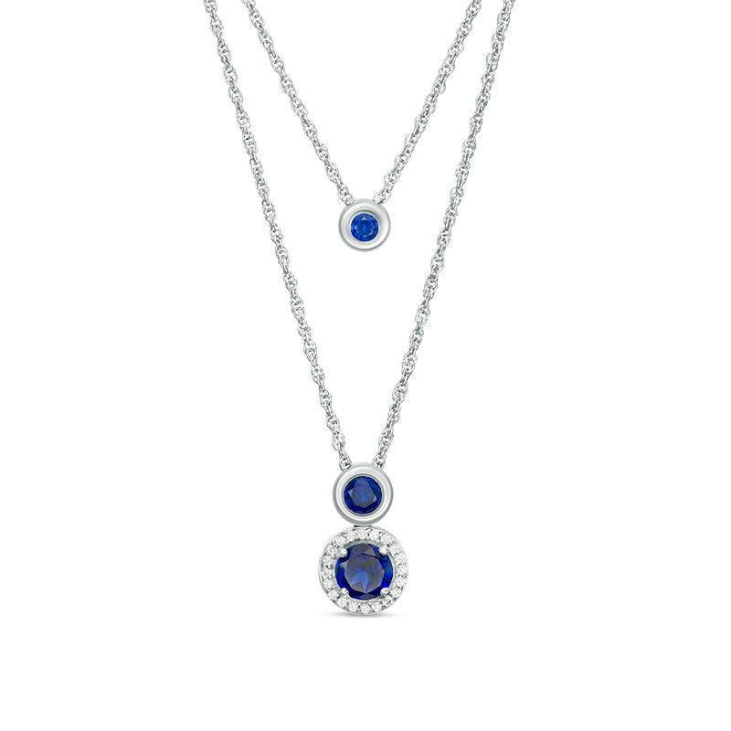Lab-Created Blue and White Sapphire Frame Double Strand Necklace in Sterling Silver - 20"