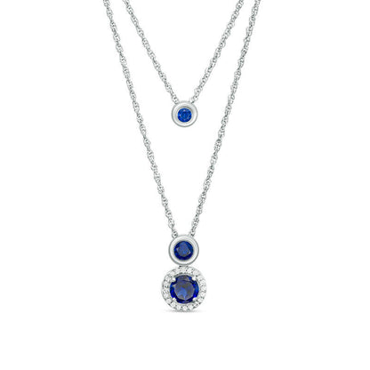 Lab-Created Blue and White Sapphire Frame Double Strand Necklace in Sterling Silver - 20"
