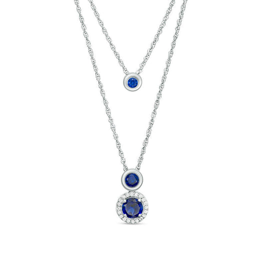 Lab-Created Blue and White Sapphire Frame Double Strand Necklace in Sterling Silver - 20"