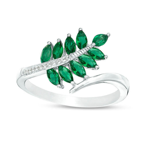 Marquise Lab-Created Emerald and Diamond Accent Bypass Leaf Ring in Sterling Silver