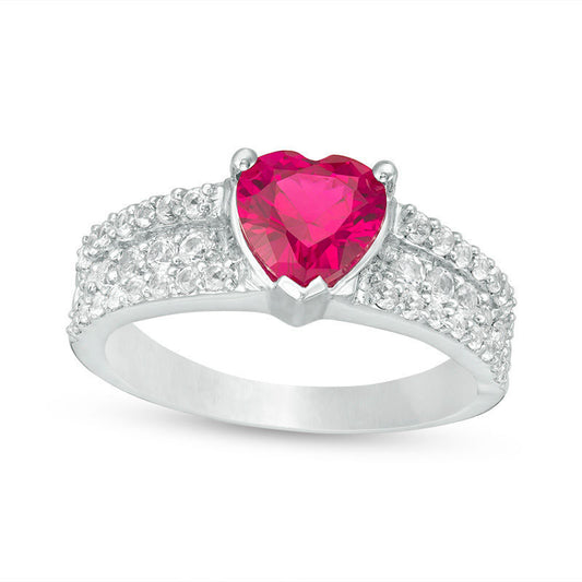7.0mm Heart-Shaped Lab-Created Ruby and White Sapphire Multi-Row Ring in Sterling Silver