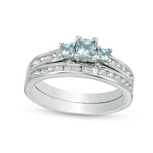 Princess-Cut Aquamarine and Lab-Created White Sapphire Three Stone Bridal Engagement Ring Set in Sterling Silver