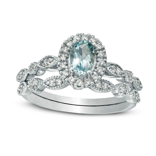 Oval Aquamarine and 0.20 CT. T.W. Natural Diamond Frame Antique Vintage-Style Bridal Engagement Ring Set in Solid 10K White Gold