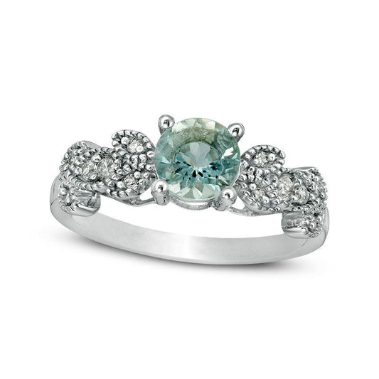 6.0mm Aquamarine and 0.13 CT. T.W. Natural Diamond Antique Vintage-Style Vine Ring in Solid 10K White Gold