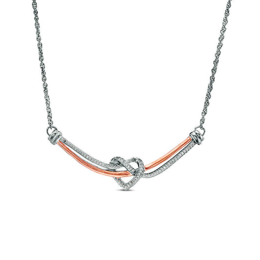 0.17 CT. T.W. Natural Diamond Love Knot Heart Curved Bar Necklace in Sterling Silver and 10K Rose Gold - 16.37"