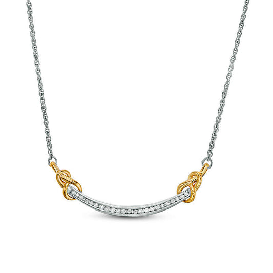 0.17 CT. T.W. Natural Diamond Love Knot Curved Bar Necklace in Sterling Silver and 10K Yellow Gold - 16.43"