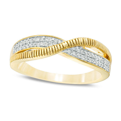 0.17 CT. T.W. Natural Diamond and Textured Double Row Crossover Ring in Solid 10K Yellow Gold