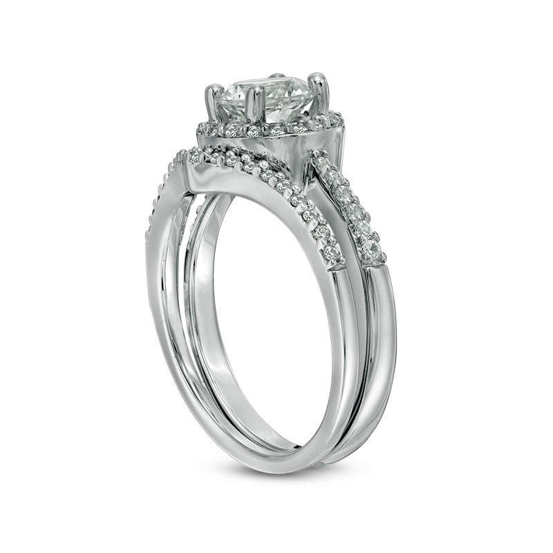 6.0mm Lab-Created White Sapphire Frame Chevron Bridal Engagement Ring Set in Sterling Silver