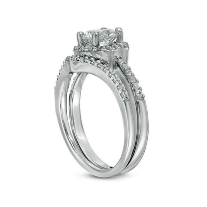 6.0mm Lab-Created White Sapphire Frame Chevron Bridal Engagement Ring Set in Sterling Silver