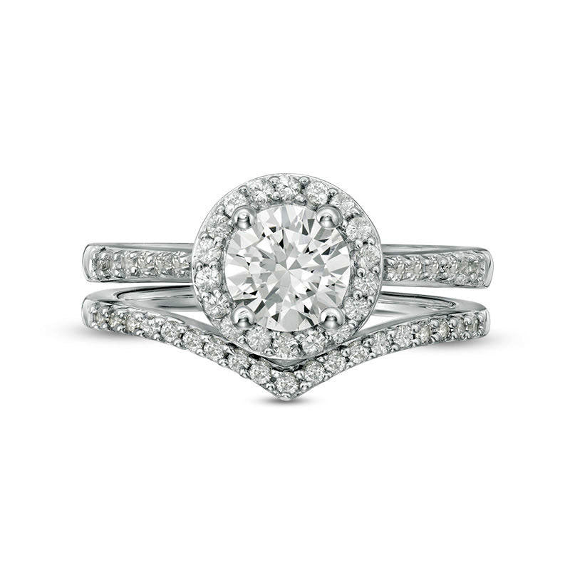6.0mm Lab-Created White Sapphire Frame Chevron Bridal Engagement Ring Set in Sterling Silver