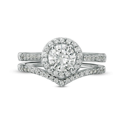 6.0mm Lab-Created White Sapphire Frame Chevron Bridal Engagement Ring Set in Sterling Silver