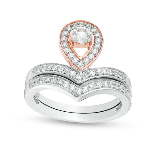4.0mm Lab-Created White Sapphire Pear-Shaped Frame Chevron Bridal Engagement Ring Set in Sterling Silver and Solid 10K Rose Gold