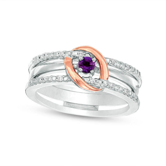Amethyst and 0.05 CT. T.W. Natural Diamond Interlocking Oval Three-in-One Ring in Sterling Silver and Solid 10K Rose Gold