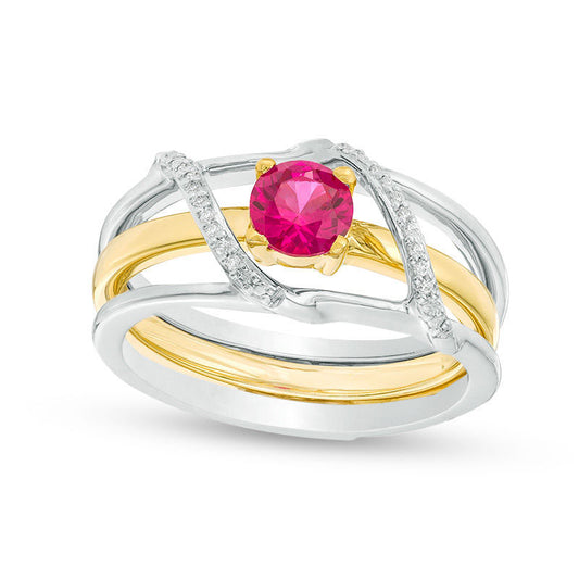 5.0mm Lab-Created Ruby and 0.05 CT. T.W. Diamond Bypass Three-in-One Ring in Sterling Silver and Solid 10K Yellow Gold
