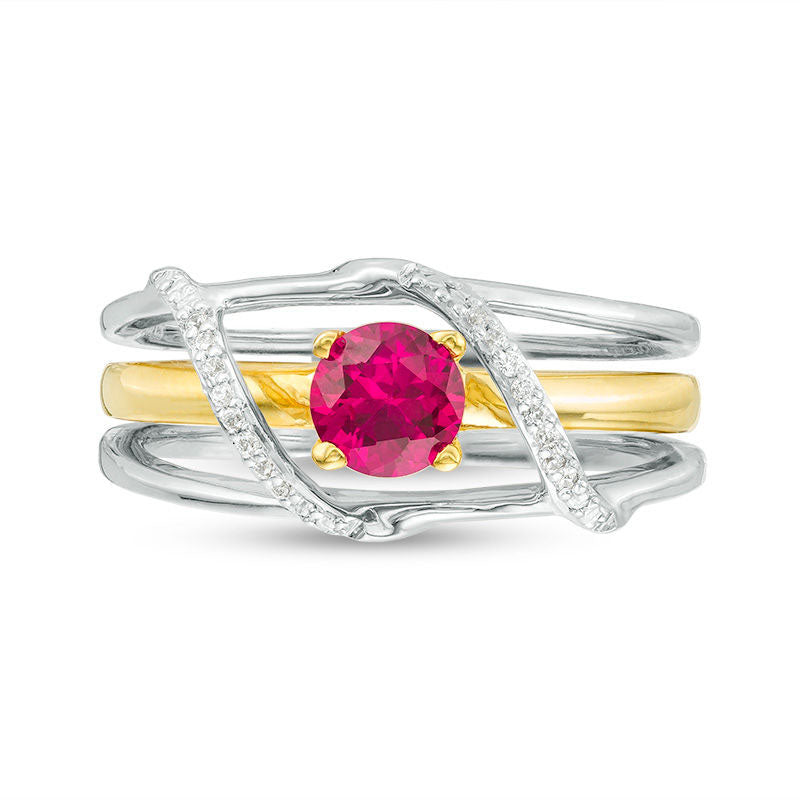 5.0mm Lab-Created Ruby and 0.05 CT. T.W. Diamond Bypass Three-in-One Ring in Sterling Silver and Solid 10K Yellow Gold