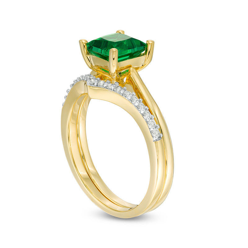 6.0mm Princess-Cut Lab-Created Emerald and 0.07 CT. T.W. Diamond Chevron Bridal Engagement Ring Set in Solid 10K Yellow Gold