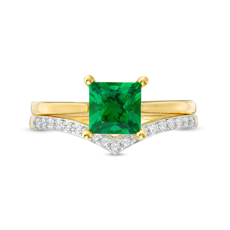 6.0mm Princess-Cut Lab-Created Emerald and 0.07 CT. T.W. Diamond Chevron Bridal Engagement Ring Set in Solid 10K Yellow Gold