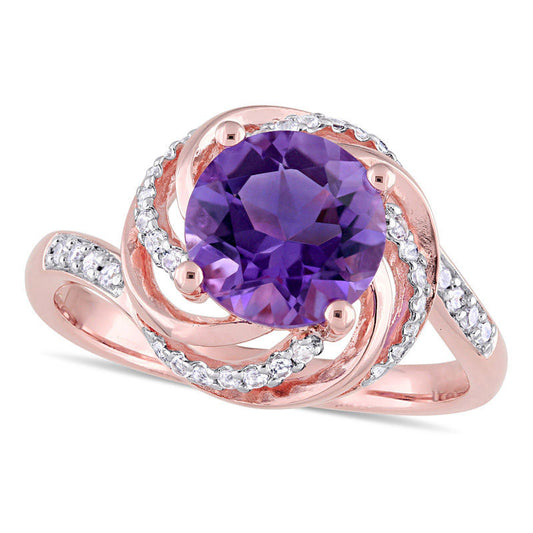 8.0mm Amethyst and White Topaz with 0.05 CT. T.W. Swirl Frame Ring in Sterling Silver with Rose Rhodium
