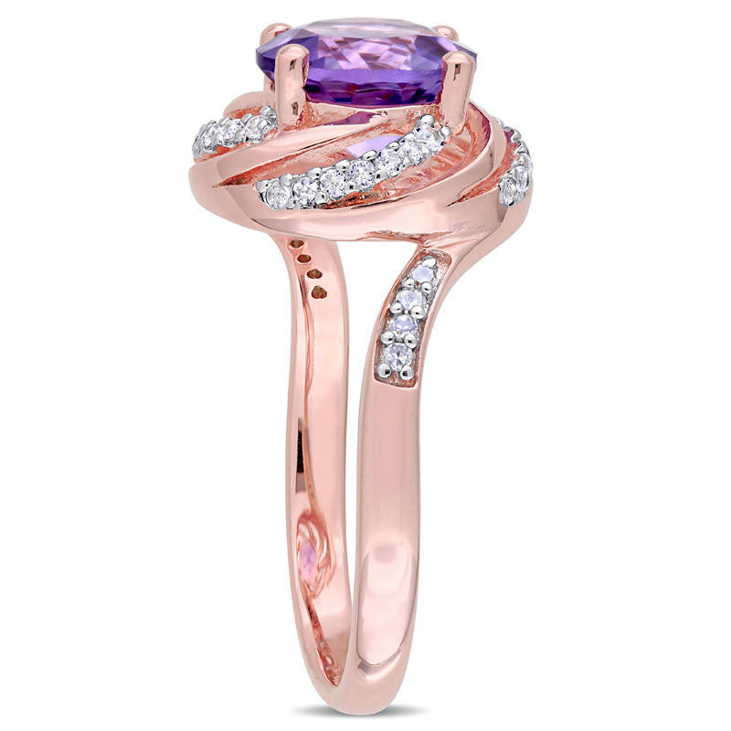 8.0mm Amethyst and White Topaz with 0.05 CT. T.W. Swirl Frame Ring in Sterling Silver with Rose Rhodium