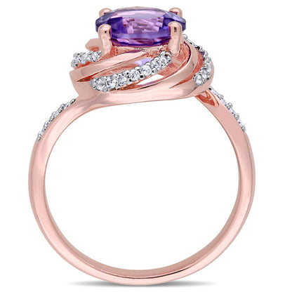 8.0mm Amethyst and White Topaz with 0.05 CT. T.W. Swirl Frame Ring in Sterling Silver with Rose Rhodium