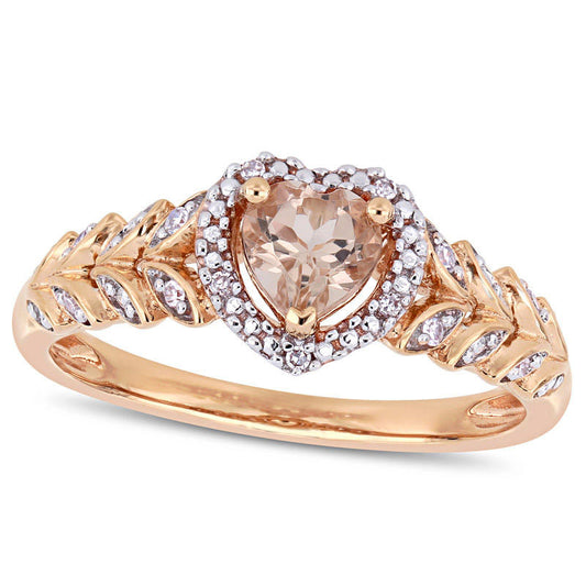 5.0mm Heart-Shaped Morganite and 0.05 CT. T.W. Natural Diamond Beaded Frame Leaf Shank Ring in Solid 10K Rose Gold