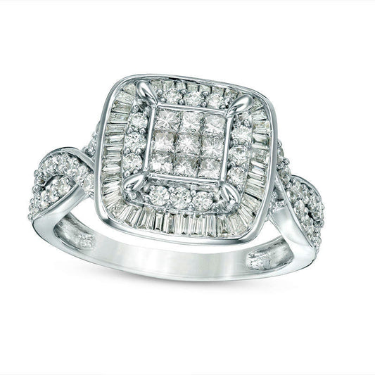 1.0 CT. T.W. Princess-Cut Composite Natural Diamond Double Frame Twist Engagement Ring in Solid 10K White Gold