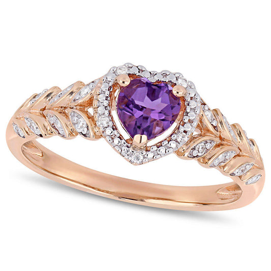 5.0mm Heart-Shaped Amethyst and 0.05 CT. T.W. Natural Diamond Beaded Frame Leaf Shank Ring in Solid 10K Rose Gold