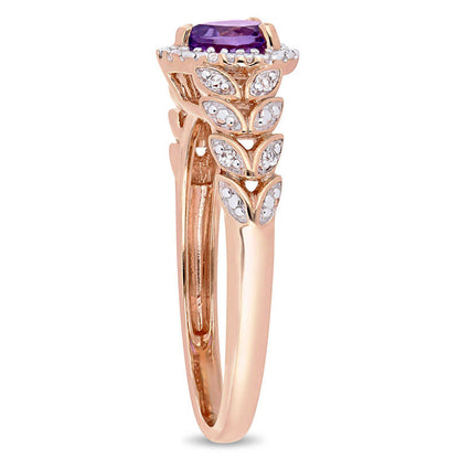 5.0mm Heart-Shaped Amethyst and 0.05 CT. T.W. Natural Diamond Beaded Frame Leaf Shank Ring in Solid 10K Rose Gold