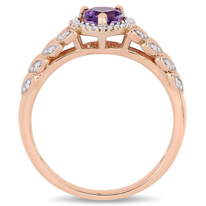 5.0mm Heart-Shaped Amethyst and 0.05 CT. T.W. Natural Diamond Beaded Frame Leaf Shank Ring in Solid 10K Rose Gold