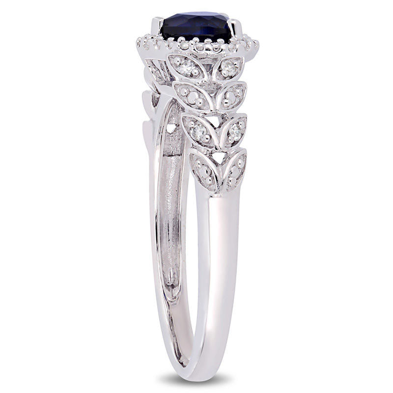 5.0mm Heart-Shaped Lab-Created Blue Sapphire and 0.05 CT. T.W. Diamond Beaded Frame Leaf Shank Ring in Solid 10K White Gold