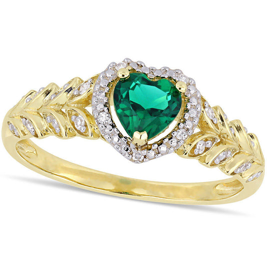 5.0mm Heart-Shaped Lab-Created Emerald and 0.05 CT. T.W. Diamond Beaded Frame Leaf Shank Ring in Solid 10K Yellow Gold