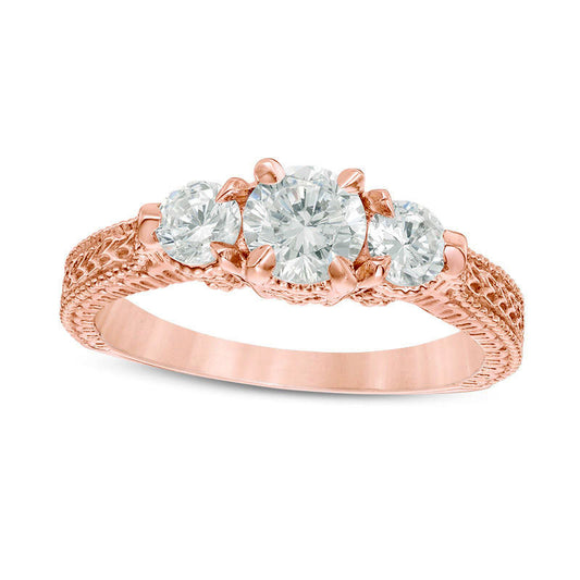 1.0 CT. T.W. Natural Diamond Three Stone Antique Vintage-Style Engagement Ring in Solid 14K Rose Gold