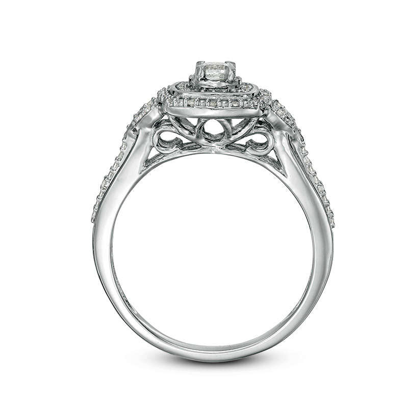0.25 CT. T.W. Natural Diamond Double Square Frame Three Piece Bridal Engagement Ring Set in Sterling Silver