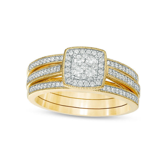 0.38 CT. T.W. Natural Diamond Frame Antique Vintage-Style Three Piece Bridal Engagement Ring Set in Solid 10K Yellow Gold