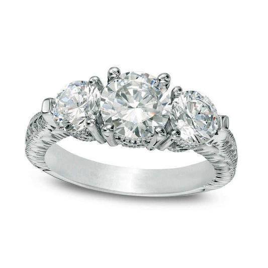 3.0 CT. T.W. Natural Diamond Three Stone Antique Vintage-Style Engagement Ring in Solid 14K White Gold
