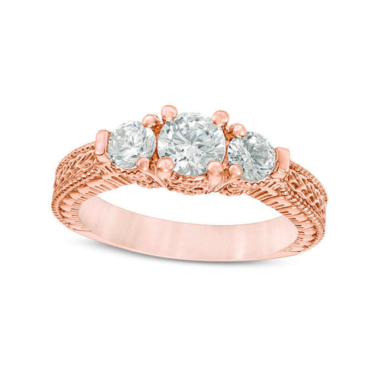 1.0 CT. T.W. Natural Diamond Three Stone Antique Vintage-Style Engagement Ring in Solid 14K Rose Gold