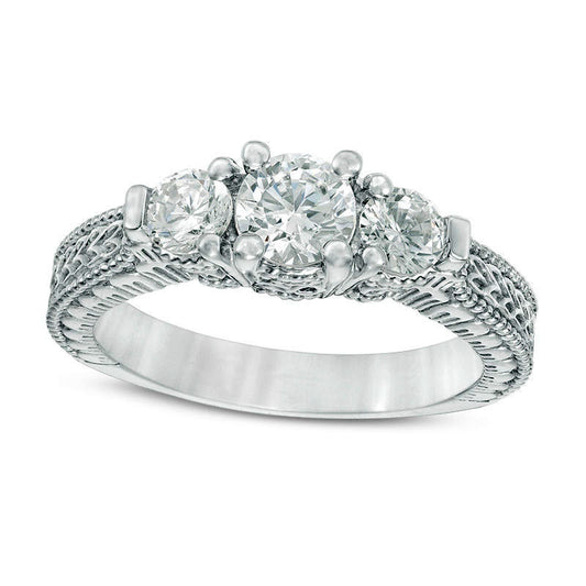 1.0 CT. T.W. Natural Diamond Three Stone Antique Vintage-Style Engagement Ring in Solid 14K White Gold