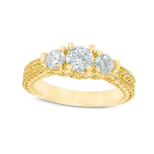 1.0 CT. T.W. Natural Diamond Three Stone Antique Vintage-Style Engagement Ring in Solid 14K Gold