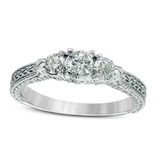 0.50 CT. T.W. Natural Diamond Three Stone Antique Vintage-Style Engagement Ring in Solid 14K White Gold