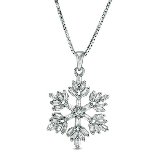 0.25 CT. T.W. Baguette and Round Natural Diamond Snowflake Pendant in Sterling Silver