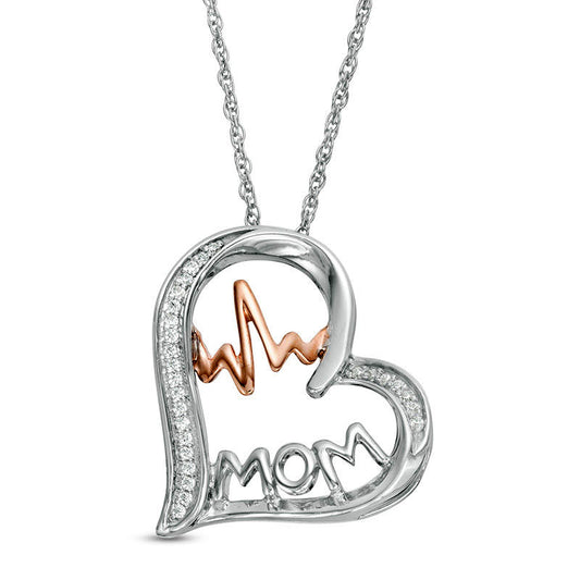 0.07 CT. T.W. Natural Diamond "MOM" and Heartbeat in Tilted Heart Pendant in Sterling Silver and 10K Rose Gold