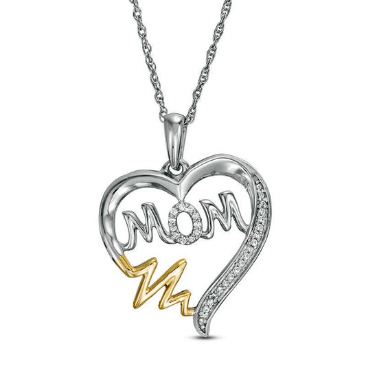 0.07 CT. T.W. Natural Diamond "MOM" Heartbeat on Heart Pendant in Sterling Silver and 10K Yellow Gold
